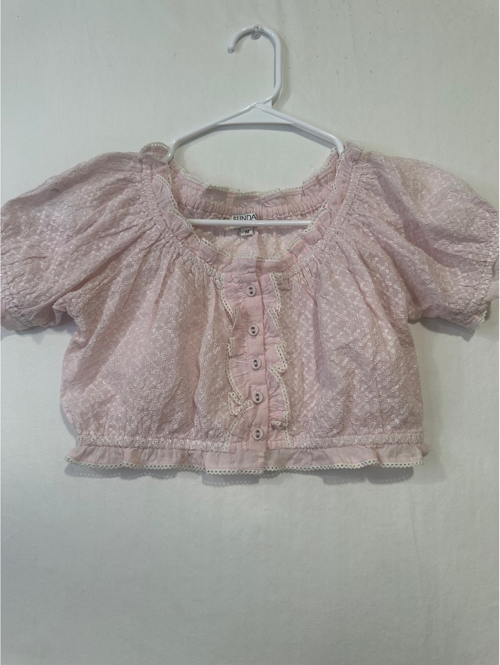 Sunday Saint Tropez Y2K Pink Embroidered Cotton Blouse Boho Peasant Top M